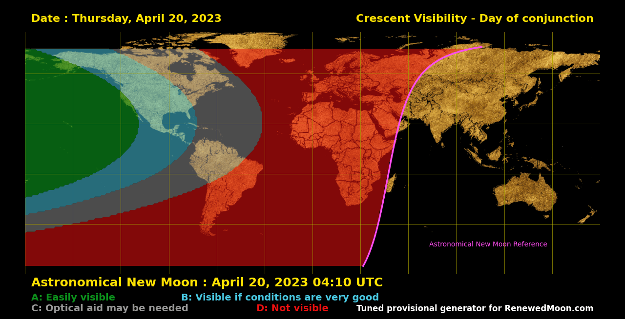 Map showing likely next global renewed moon sighting conditions